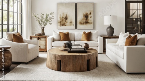 Elegant living room featuring white sofas and rustic wooden accents