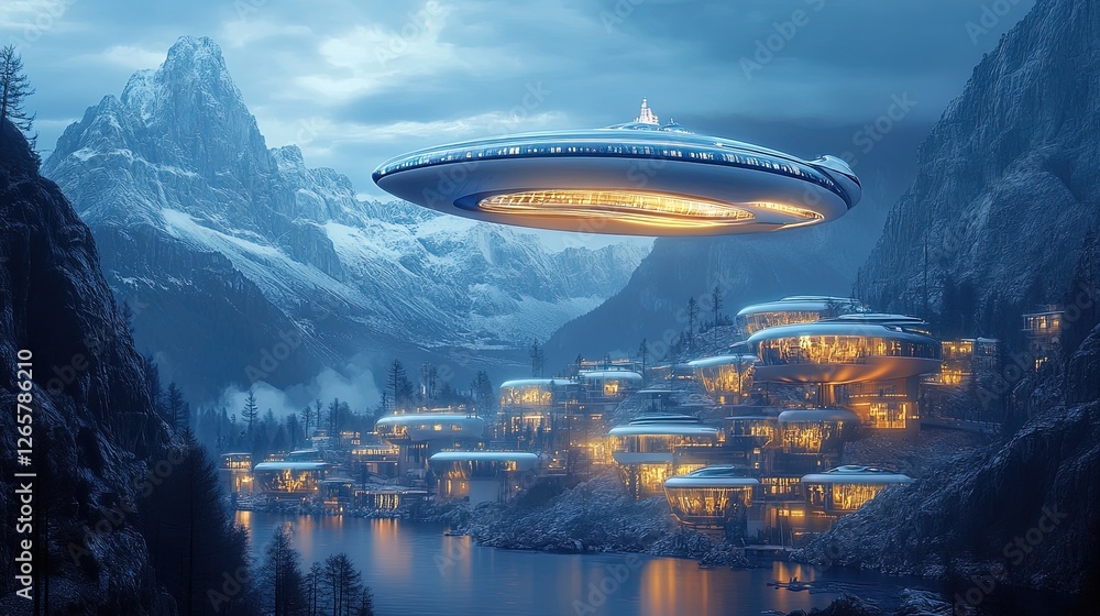 A futuristic airship hovering over a glowing eco-city built into mountains, imaginative and inspiring A futuristic airship hovering over a glowing eco-city built into mountains, imaginative and inspiring
