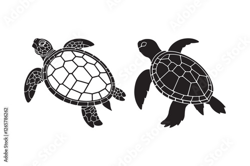 Sea Turtle Silhouette and Outline Clipart Set