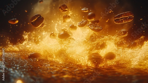 Coffee beans exploding in fiery water splash, dramatic background photo