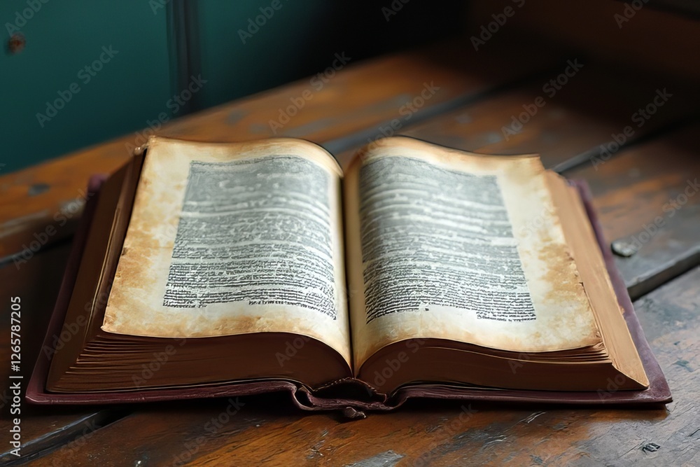 Antique Open Book on Wooden Table - Pages Filled with Text - Vintage Literary Artifact Antique Open Book on Wooden Table - Pages Filled with Text - Vintage Literary Artifact