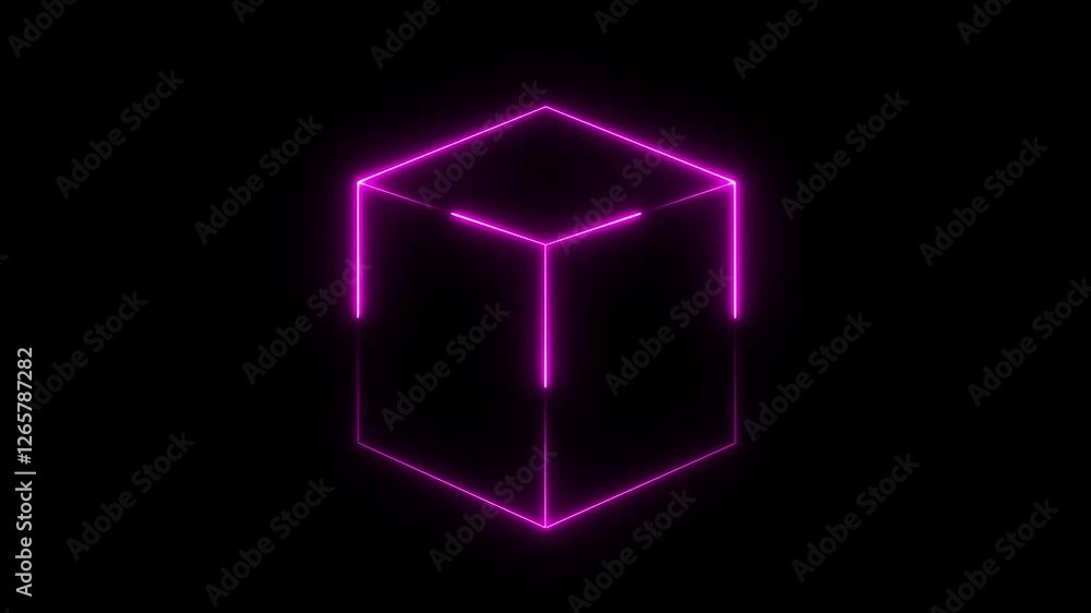 Abstract background, cube box with glowing neon lines on black background. Neon 3d square box stroke icon. Square box with bright. Abstract background, cube box with glowing neon lines on black background. Neon 3d square box stroke icon. Square box with bright.