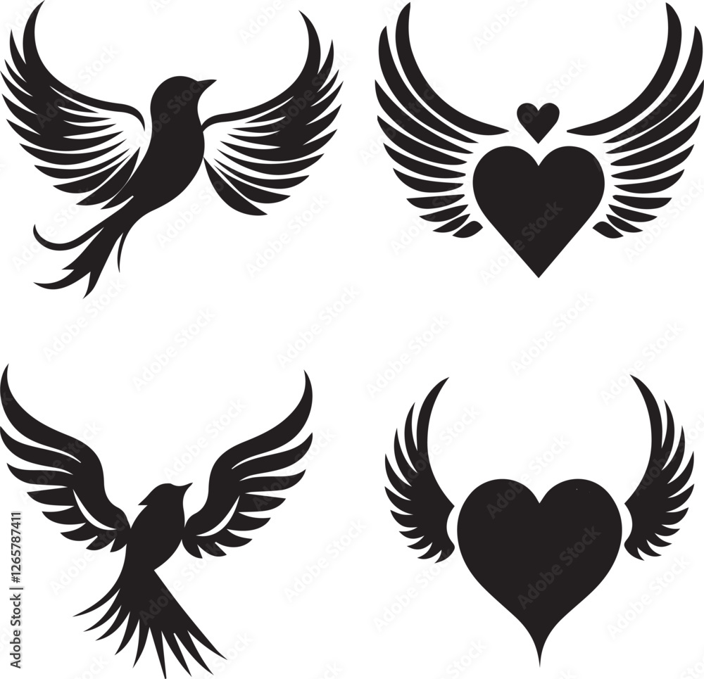 Fototapeta premium Elegant Winged Heart and Bird Vector Illustrations for Creative Designs