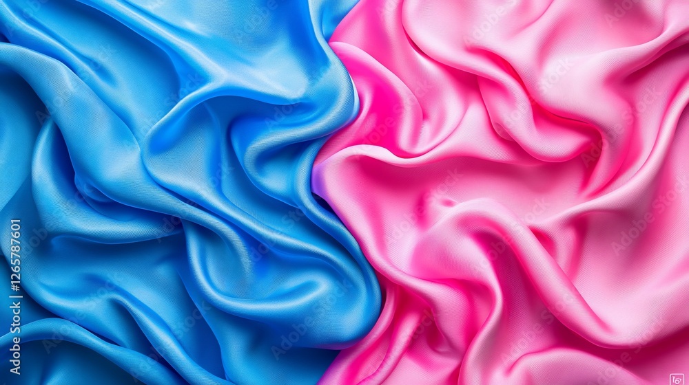 Fototapeta premium Blue pink silk fabric folds, textile background