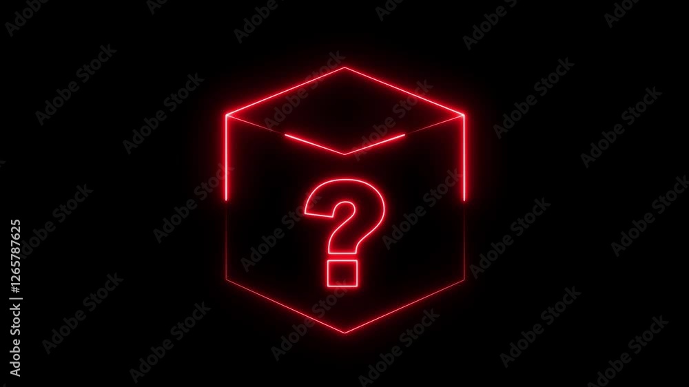 Neon glowing square frame on black background with question mark icon. Rectangular frame with moving line Neon glowing square frame on black background with question mark icon. Rectangular frame with moving line