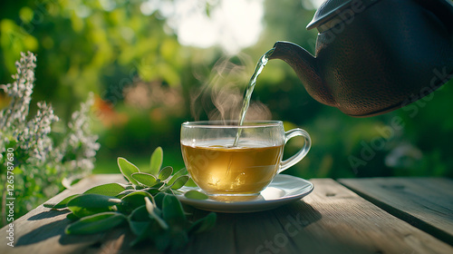 Pouring fresh herbal tea into glass cup on wooden table in garden photo