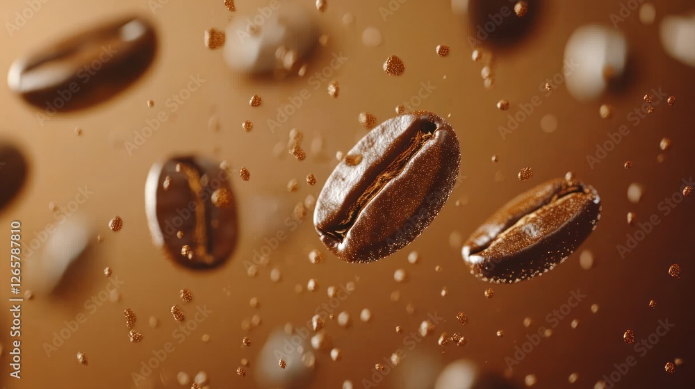 Coffee beans in mid-air, splashing liquid, abstract background Coffee beans in mid-air, splashing liquid, abstract background
