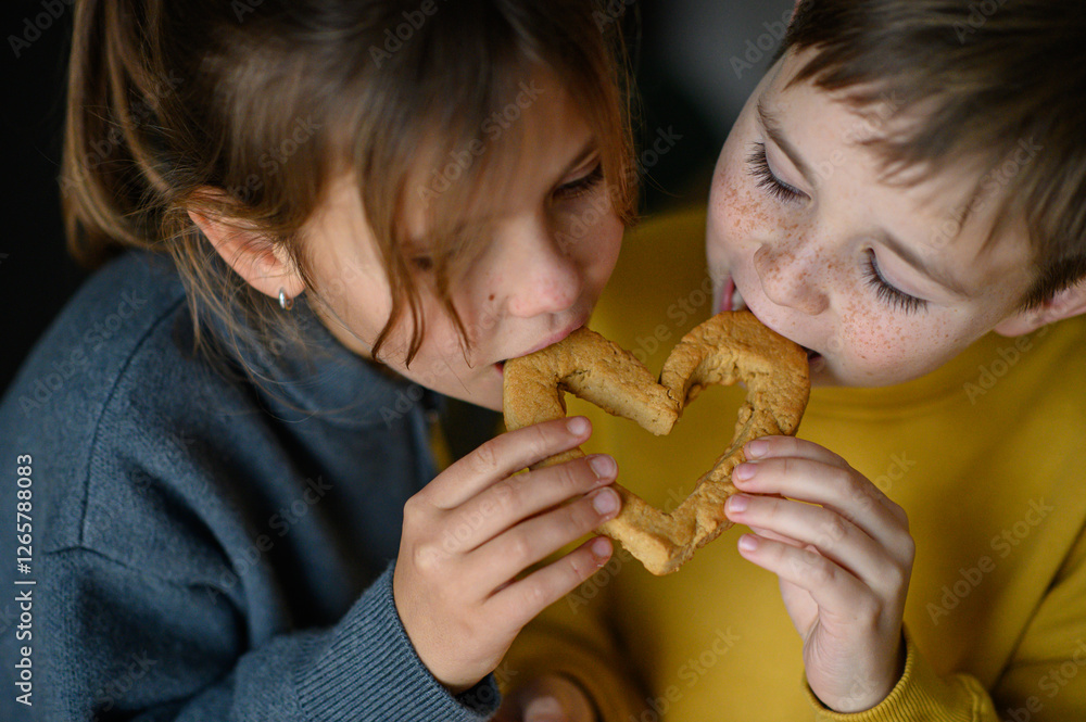 cookies they baked together. The scene captures the joy of sharing homemade treats, creating a warm and loving moment of childhood. cookies they baked together. The scene captures the joy of sharing homemade treats, creating a warm and loving moment of childhood.