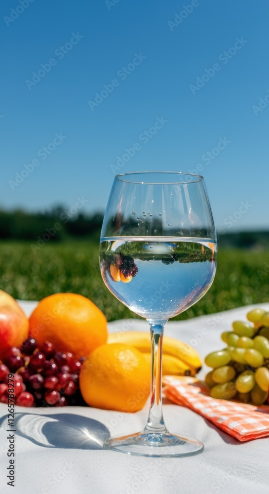 Glass of white wine with fresh fruit assortment outdoors under clear blue sky Glass of white wine with fresh fruit assortment outdoors under clear blue sky