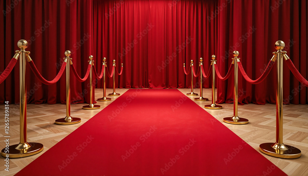 Luxurious red carpet entrance with golden stanchions, exclusive event Luxurious red carpet entrance with golden stanchions, exclusive event