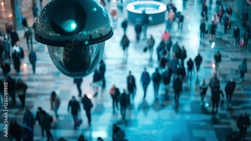 Wallpaper Mural Security camera motion detection system recognizes identifies people with big data and AI. Facial recognition technology scan and detect people face for identification in crowded places. IOT CCTV5 Torontodigital.ca