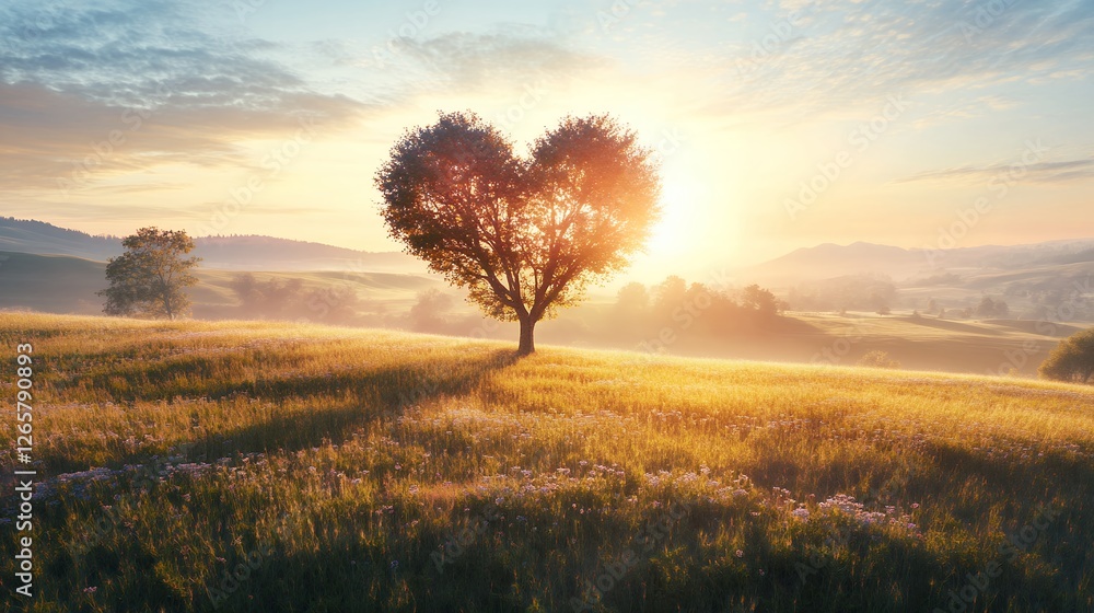 Obraz premium Heart shaped tree in a sunlit field at sunrise idyllic nature landscape