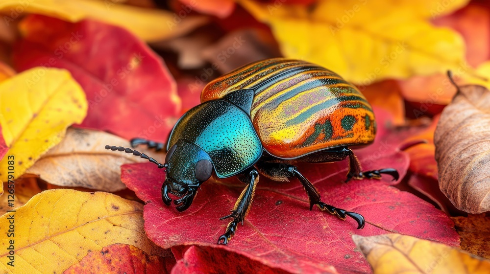Naklejka premium Colorful beetle on autumn leaves