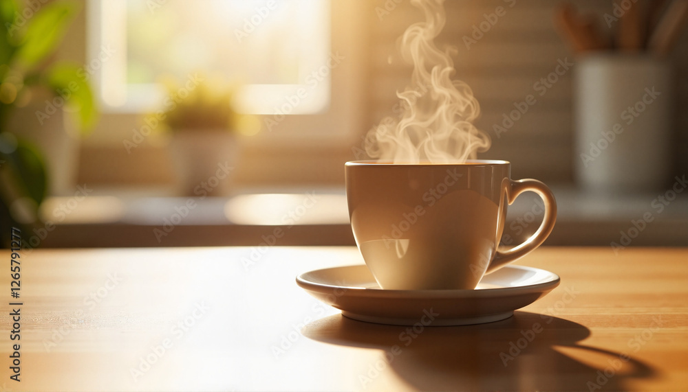 Steaming coffee cup on wooden countertop in morning light, new beginnings Steaming coffee cup on wooden countertop in morning light, new beginnings
