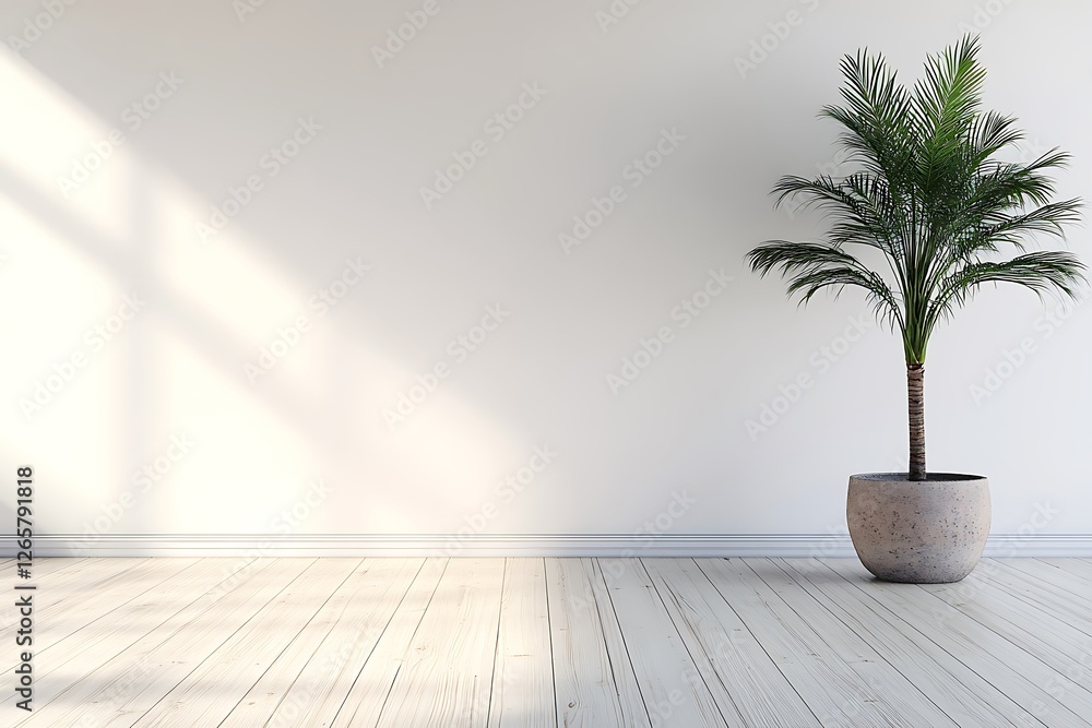A minimalist empty white room with wooden flooring and a large potted plant in the corner. A minimalist empty white room with wooden flooring and a large potted plant in the corner.