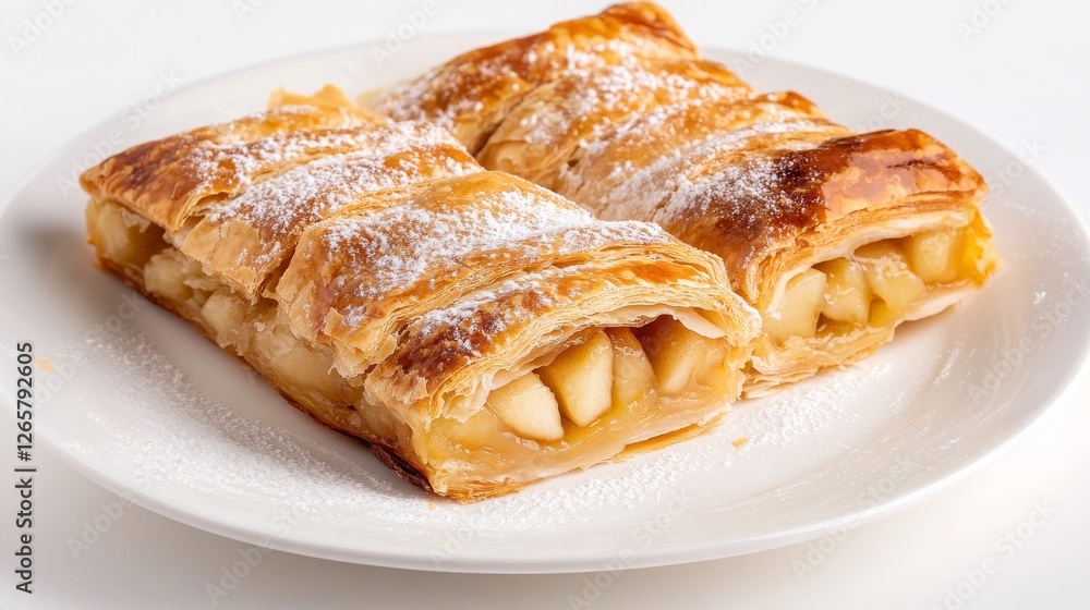 original South Tyrolean apple strudel pieces on a white plate, flat white background, 16:9 original South Tyrolean apple strudel pieces on a white plate, flat white background, 16:9