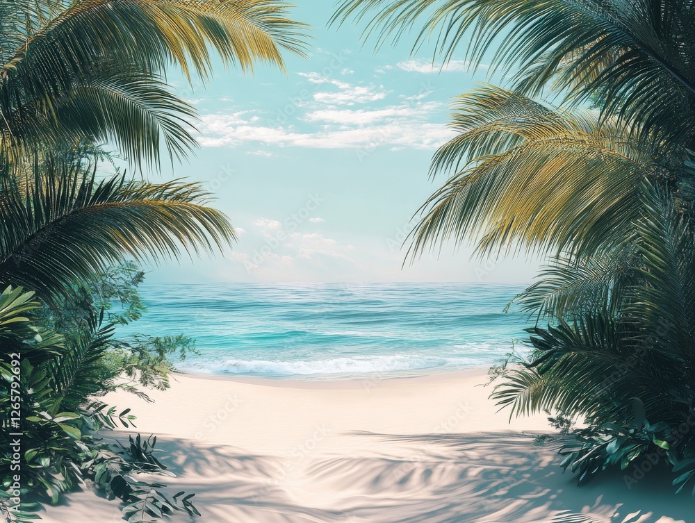 Fototapeta premium Serene Tropical Beach View Surrounded by Lush Greenery and Calm Ocean Waves Under a Bright Sky