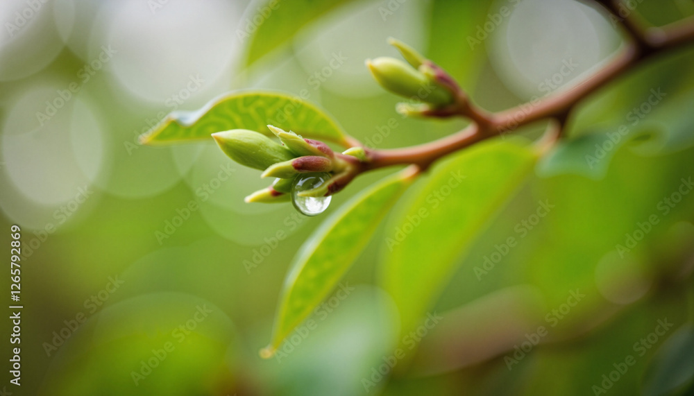 Delicate water droplet hanging from green leaf bud, natural beauty Delicate water droplet hanging from green leaf bud, natural beauty