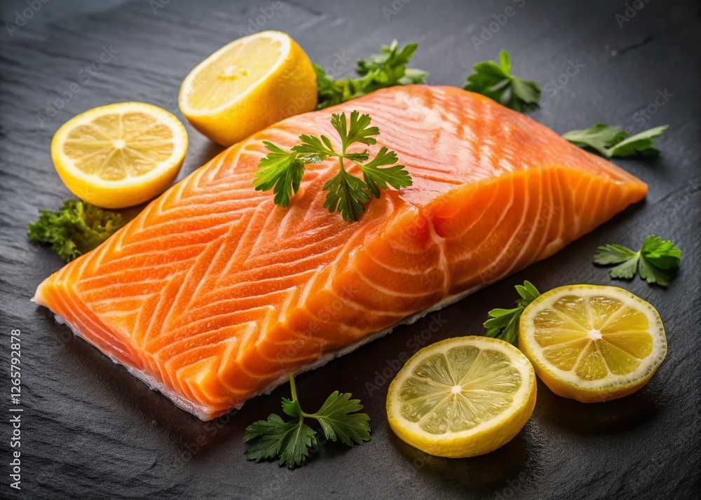 Fresh Salmon Fillet with Lemon Slices on Black Background - Gourmet Seafood Fresh Salmon Fillet with Lemon Slices on Black Background - Gourmet Seafood