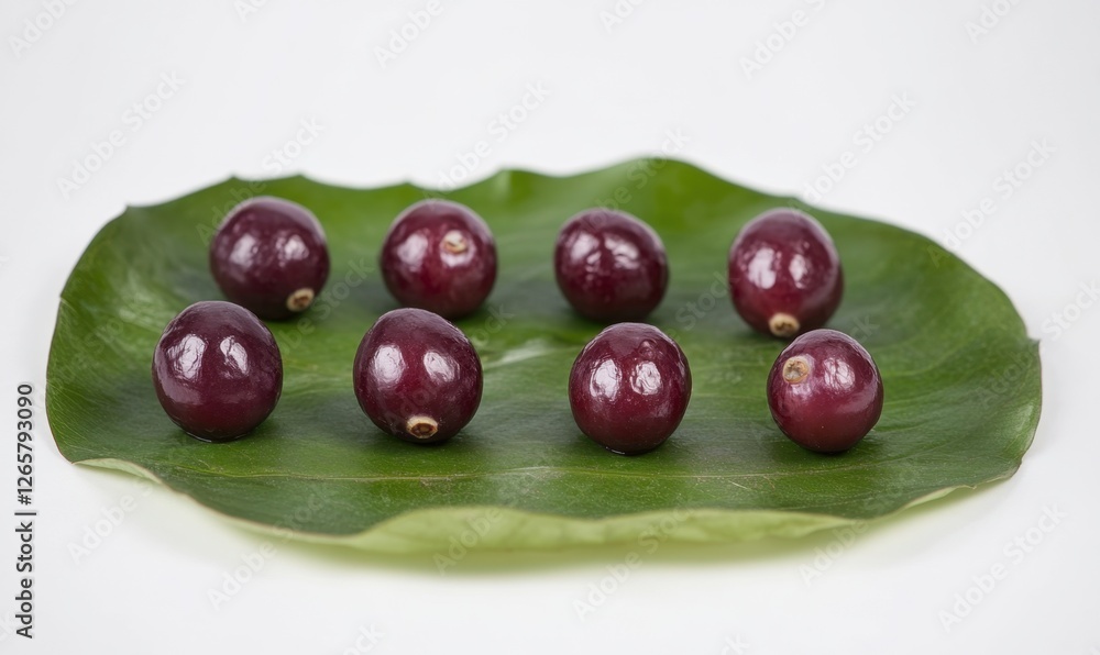 A vibrant display of glossy purple fruits arranged neatly on a green leaf backdrop A vibrant display of glossy purple fruits arranged neatly on a green leaf backdrop