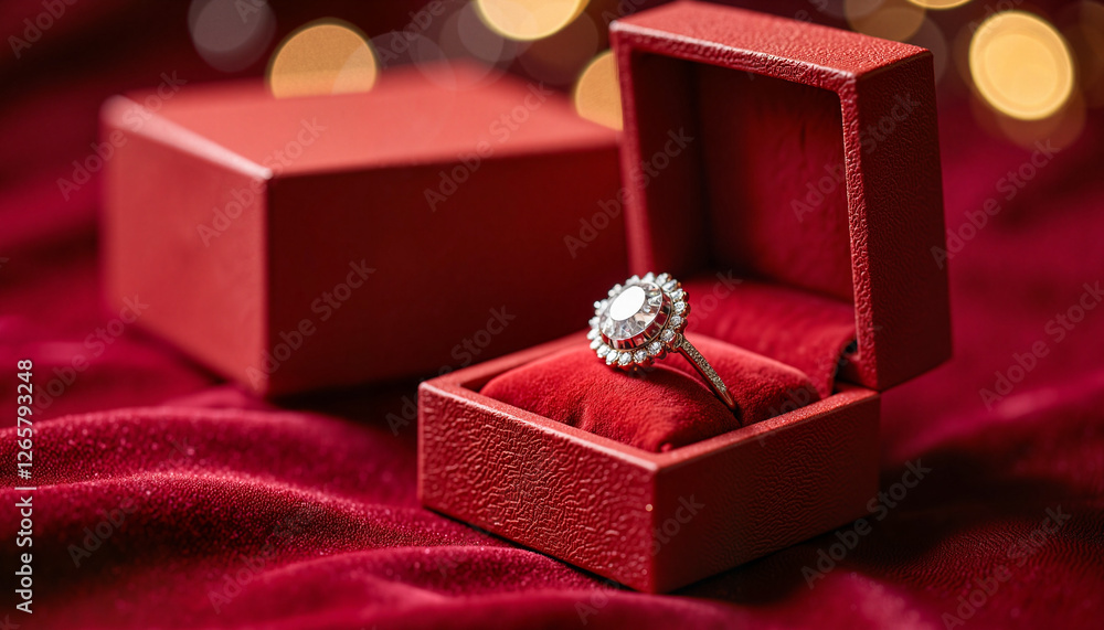 Elegant diamond ring in red velvet jewelry box, luxury gift concept Elegant diamond ring in red velvet jewelry box, luxury gift concept