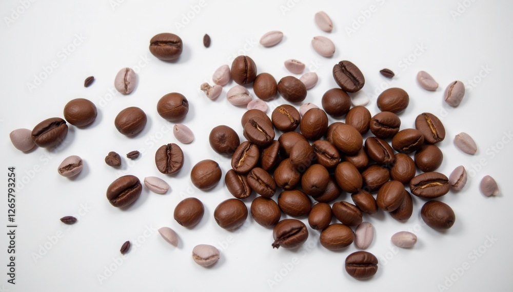 Obraz premium Close Up of Freshly Roasted Coffee Beans Scattered on White Surface
