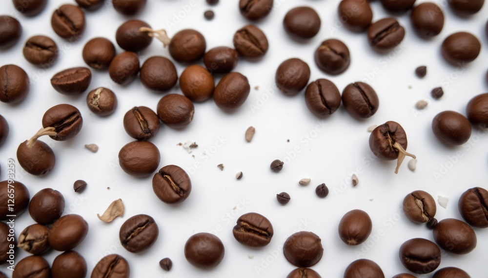 Close Up of Freshly Roasted Coffee Beans Scattered on White Surface Close Up of Freshly Roasted Coffee Beans Scattered on White Surface