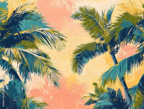 Vibrant Tropical Palm Leaves with Colorful Background in Artistic Botanical Style