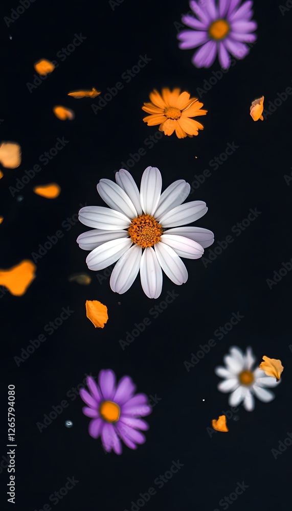 A bunch of small flowers, purple and white daisies falling from the sky on a black background, orange, pink, and yellow daisy flower petals floating in mid-air, a simple composition in a minimalist A bunch of small flowers, purple and white daisies falling from the sky on a black background, orange, pink, and yellow daisy flower petals floating in mid-air, a simple composition in a minimalist
