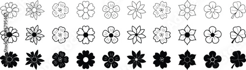 Flower silhouette icon set. Abstract flower vectors isolated on transparent background. Ideal for decoration, logos and design projects. Garden plants illustration signs collection, Editable stroke.