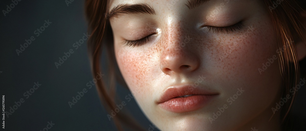 Serene Woman with Eyes Closed on a Tranquil Background Serene Woman with Eyes Closed on a Tranquil Background