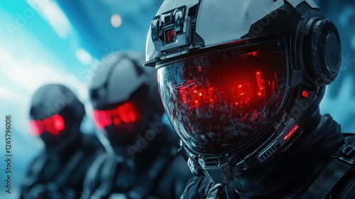 A group of mysterious soldiers with glowing red visors, evoking a sense of menace and futuristic warfare in stark contrast to their environment. photo