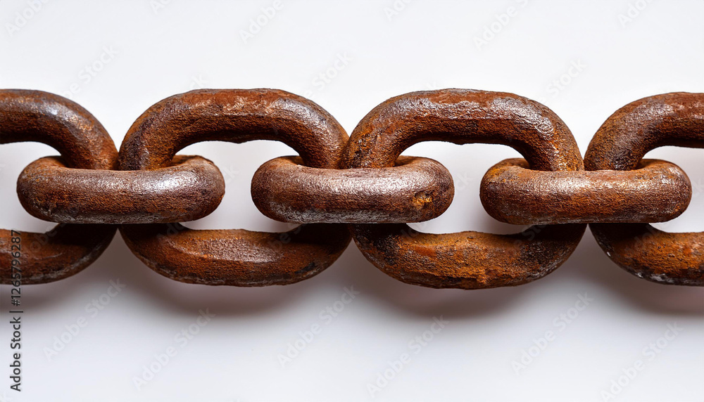 Obraz premium detailed view of a rusty metal chain link on a white background showcasing texture color variations and industrial characteristics of weathered metal material