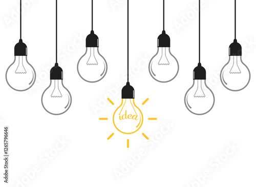 Hanging light bulb with  handwritten "idea" text on yellow background