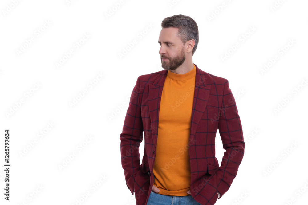 Menswear for handsome man. Fashion casual jacket. Stylish businessman in casual menswear. Man businessman isolated on white. Business man in jacket. Copy space Menswear for handsome man. Fashion casual jacket. Stylish businessman in casual menswear. Man businessman isolated on white. Business man in jacket. Copy space