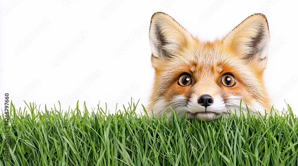 Obraz premium Curious Red Fox Peeking Over Lush Green Grass Against a Pristine White Background