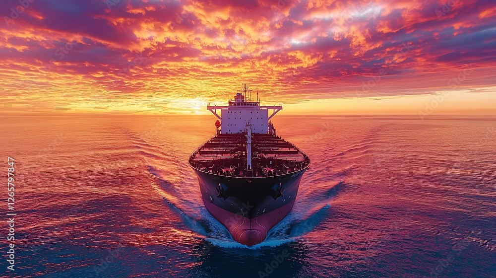 Fototapeta premium Cargo ship sunset ocean transport fiery sky