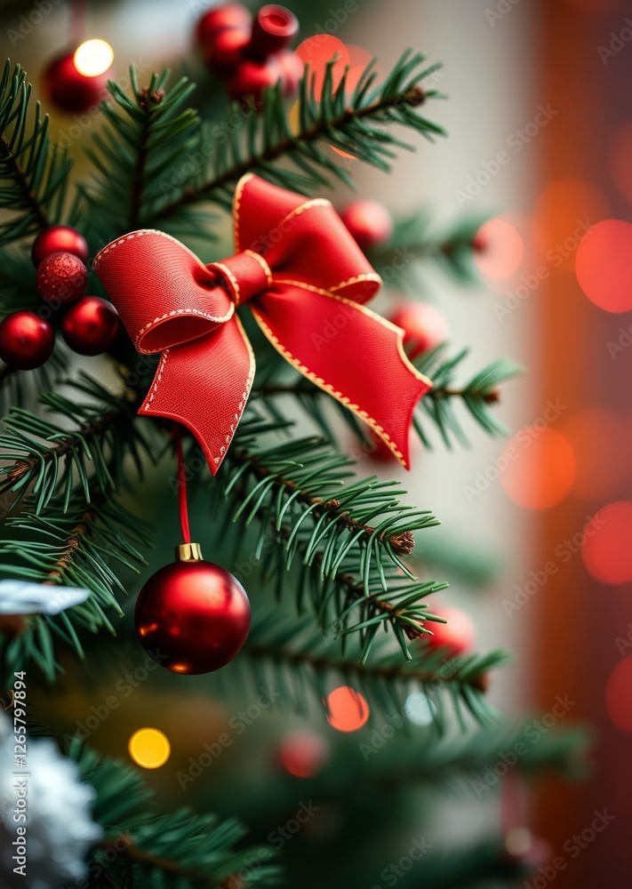 Fototapeta premium Festive red bows on christmas pine bokeh red bokeh abstract background glow design light texture effect sparkle