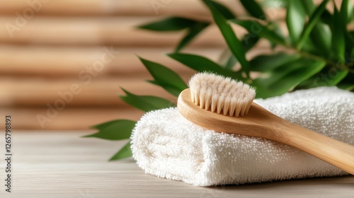 This image highlights natural spa items like a wooden brush and plush towel, creating a charming arrangement that embodies tranquility and invites relaxation in a personal retreat space. photo
