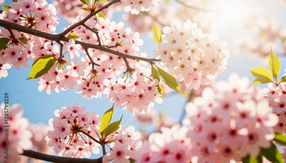 Blossoming tree swaying against pastel blue sky, early spring beauty Blossoming tree swaying against pastel blue sky, early spring beauty