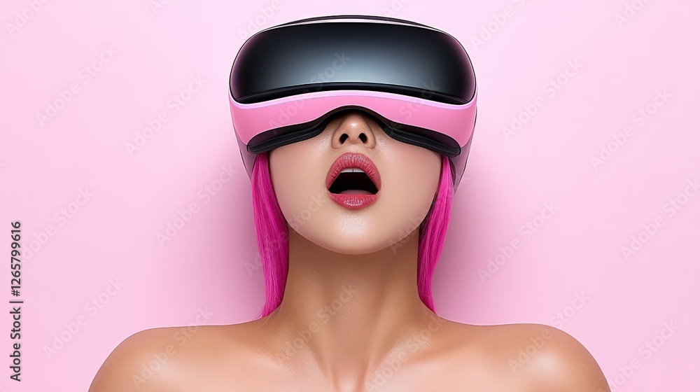 Woman with Pink Hair Enjoying Virtual Reality Experience in Pink Environment Woman with Pink Hair Enjoying Virtual Reality Experience in Pink Environment