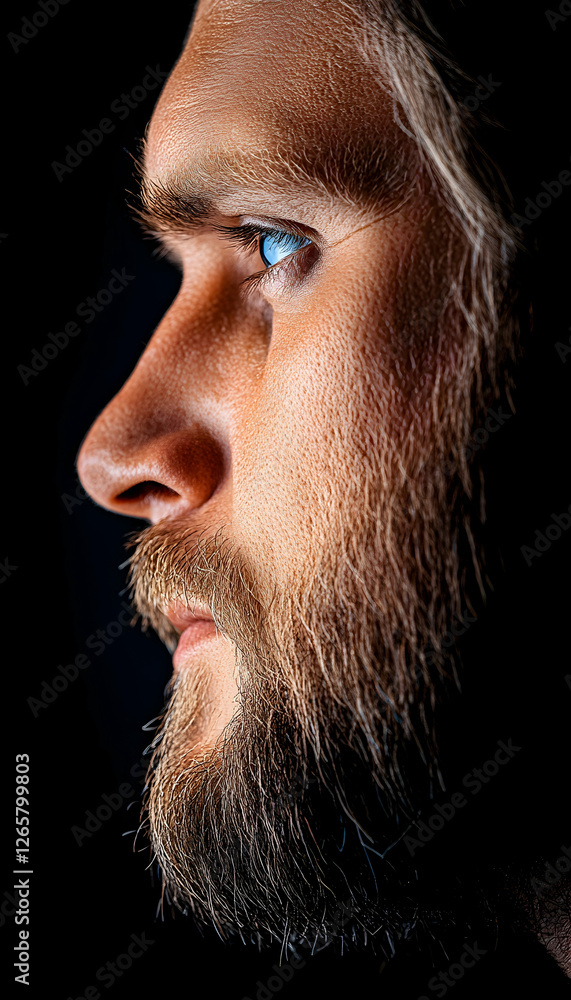 Obraz premium Bearded man stares pensively into the distance in a dark studio. Headshot closeup