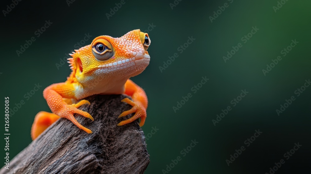 A vibrant close-up captures a colorful lizard perched on a wooden log, showcasing its remarkable orange hues and intricate details that evoke a sense of nature's beauty.