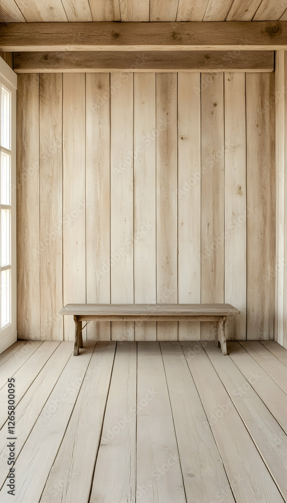 Fototapeta premium Bench stands alone in empty wood cabin with sunlight for relaxing or meditating