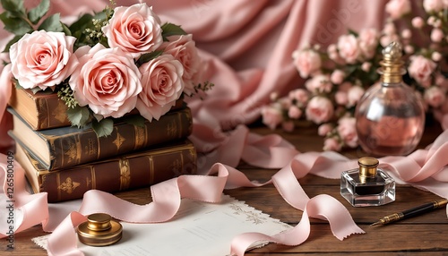 Elegant Roses and Vintage Books Still Life with Perfume Bottles