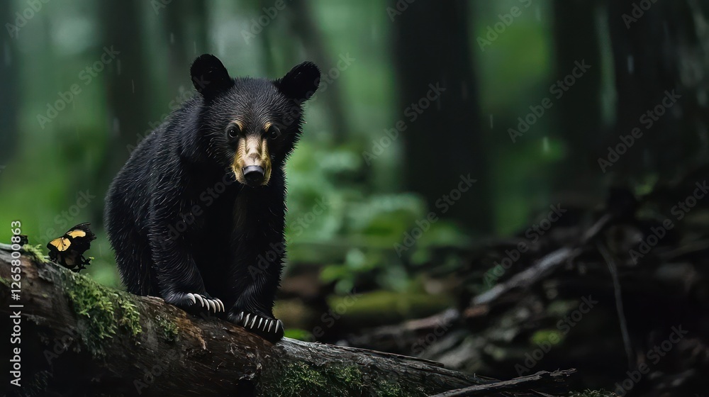 Black Bear Cub In Lush Green Rainforest Black Bear Cub In Lush Green Rainforest