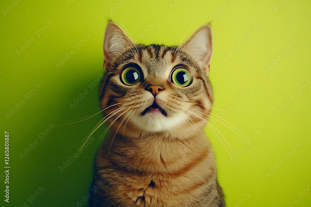 Obraz premium A shocked cat looking wide-eyed at the camera, set against a lime green background.
