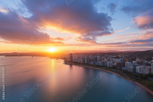 Wallpaper Mural Sunset over a coastal city with buildings reflecting on calm water Torontodigital.ca