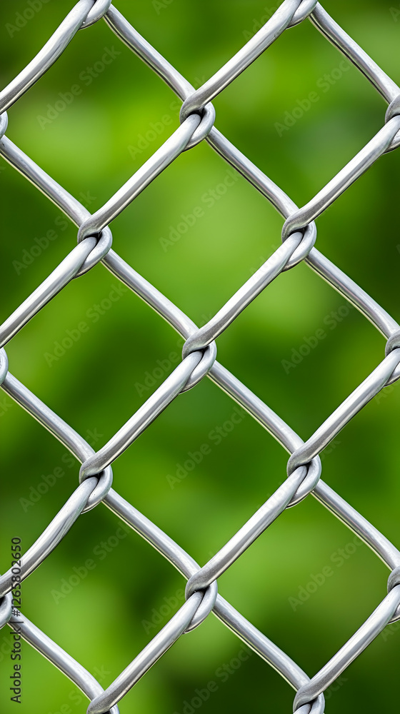Fototapeta premium Chainlink fence blocks view of greenery in a park setting for security or privacy
