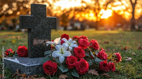 Sunset Cemetery Cross, Flowers, Remembrance